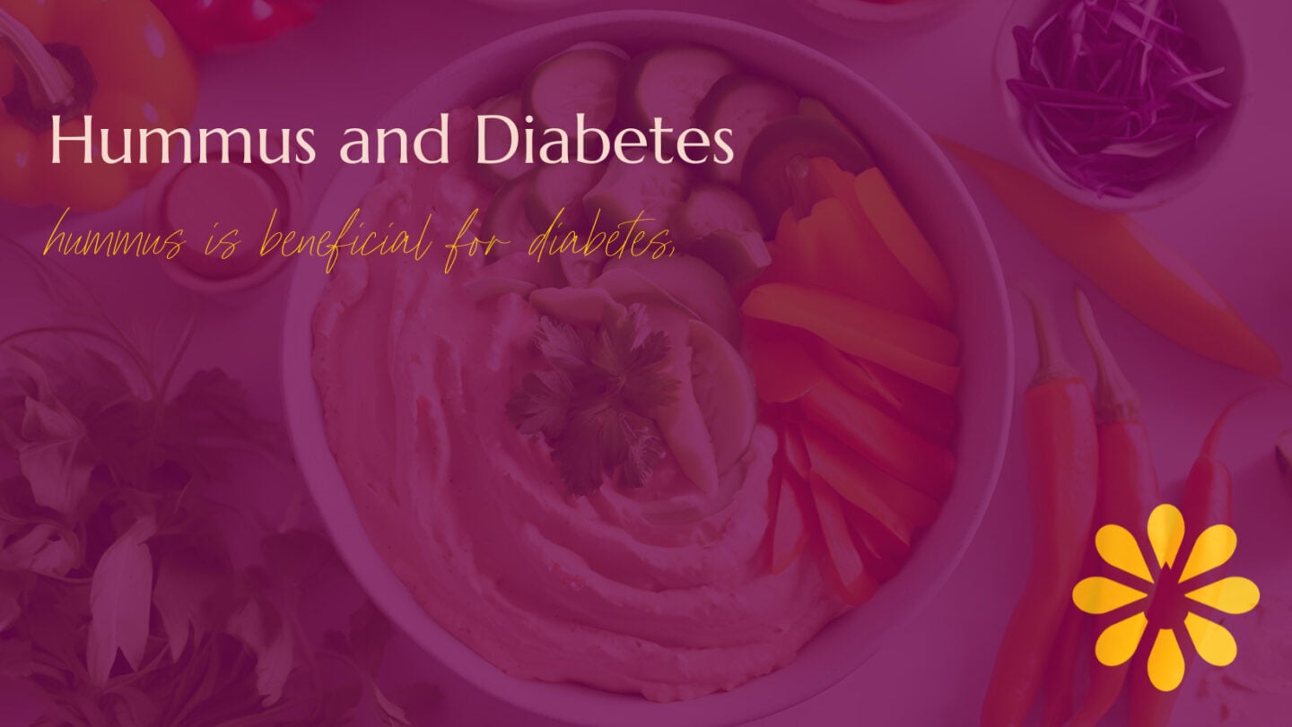 Colorful image featuring a bowl of hummus garnished with fresh vegetables such as bell peppers and cucumbers, accompanied by the text 'Hummus and Diabetes: Hummus is beneficial for diabetes' in a bold font with vibrant, warm tones.
