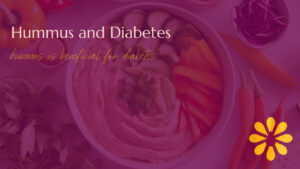 Colorful image featuring a bowl of hummus garnished with fresh vegetables such as bell peppers and cucumbers, accompanied by the text 'Hummus and Diabetes: Hummus is beneficial for diabetes' in a bold font with vibrant, warm tones.