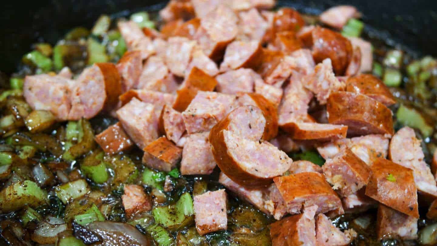 Sausage coming together with vegetables