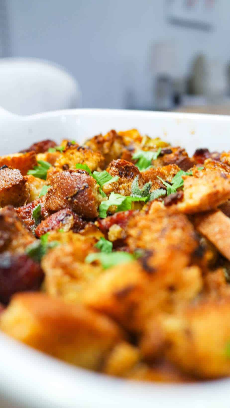 sausage stuffing in a casserole dish