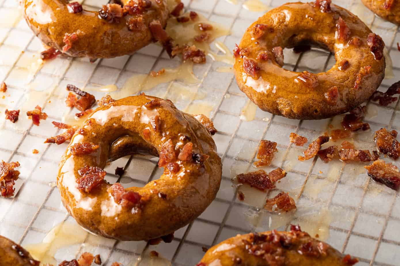 maple bacon donuts on wire rack