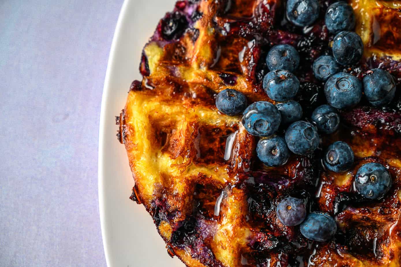 Blueberry chaffle on a plate.