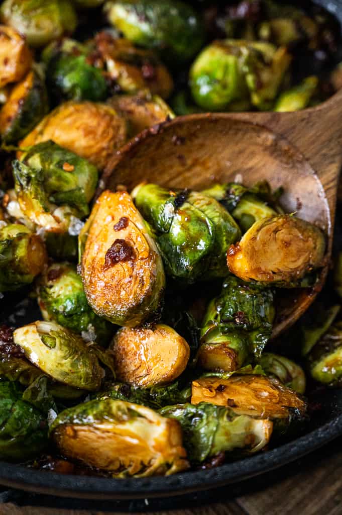 Gochujang brussels sprouts with pancetta in a pot