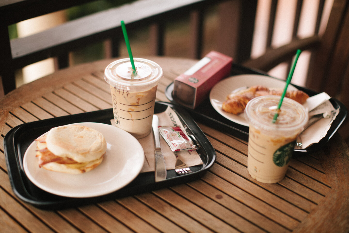 Drinks and food on a table at starbucks
