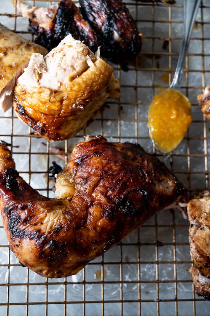 Chicken leg quarter with jam.