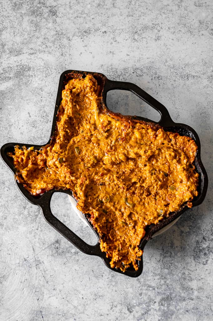 smoked queso in texas shaped pan