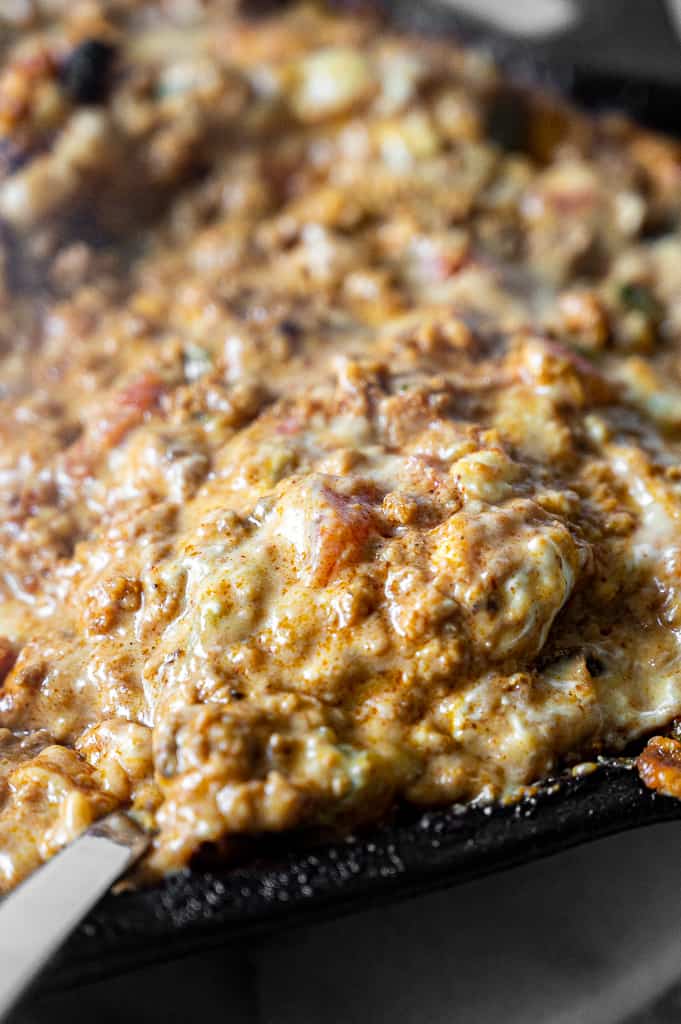 smoked queso in cast-iron pan