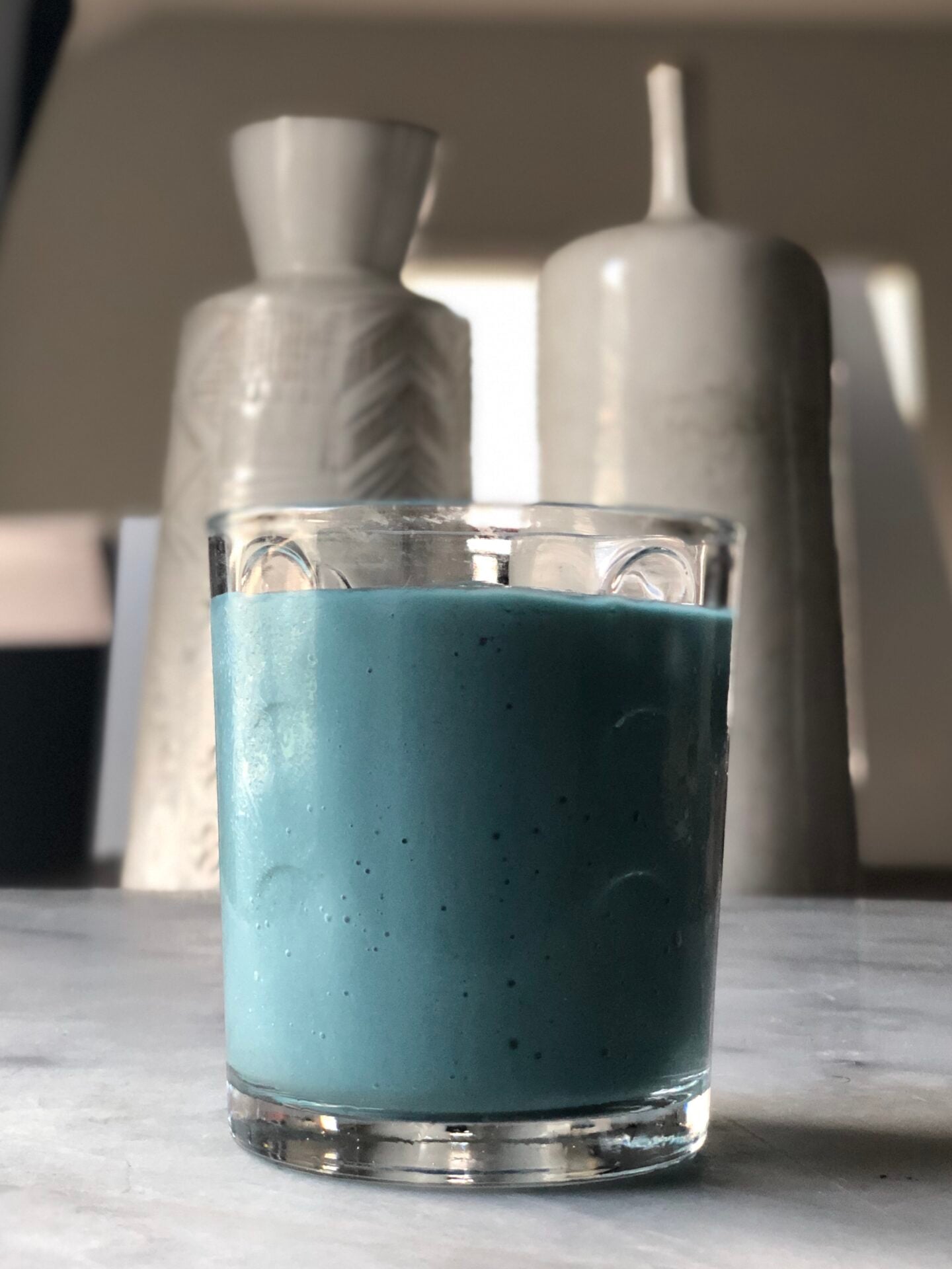 blue smoothie on counter top