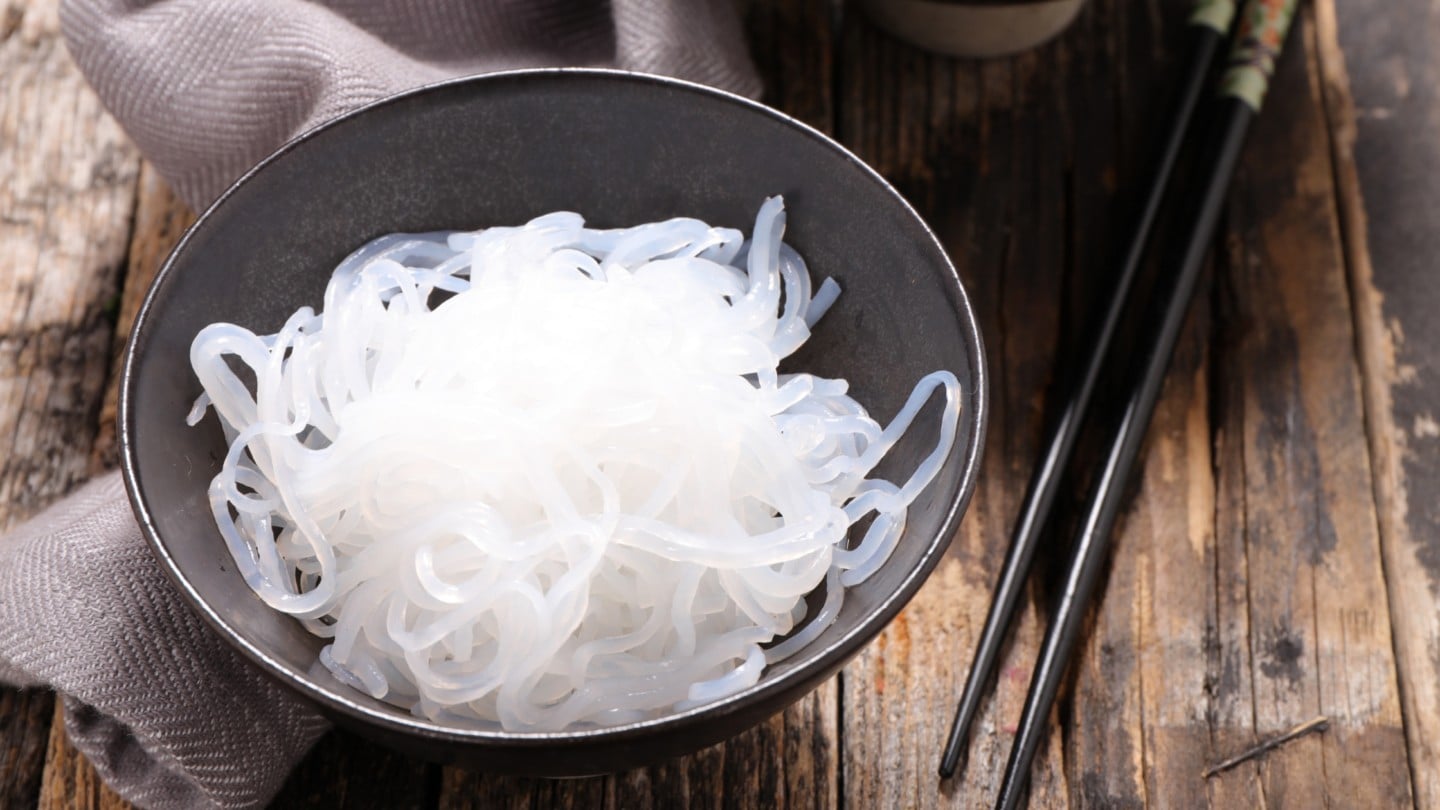 shirataki noodles in a bowl with chop sticks