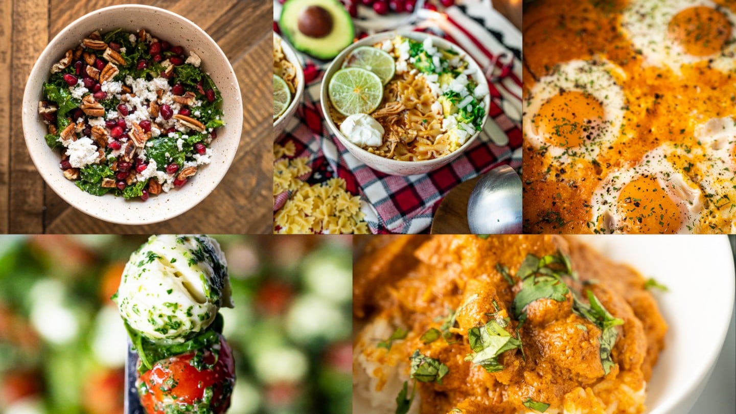 Healthy holiday meals collage. Caprese salad, goat cheese salad, soup, shakshuka and butter chicken