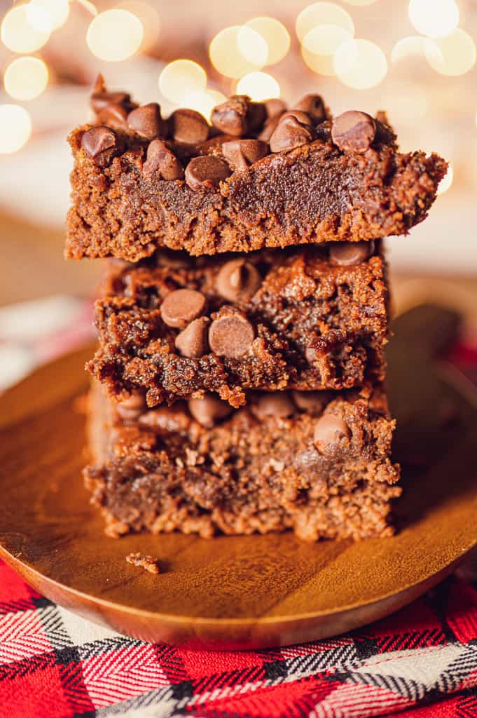 fudgy low carb brownies stacked on top of each other