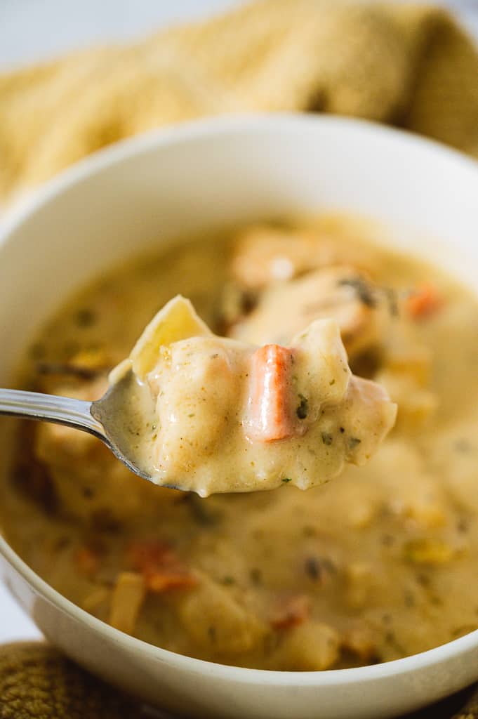 Chicken and dumplings on a spoon