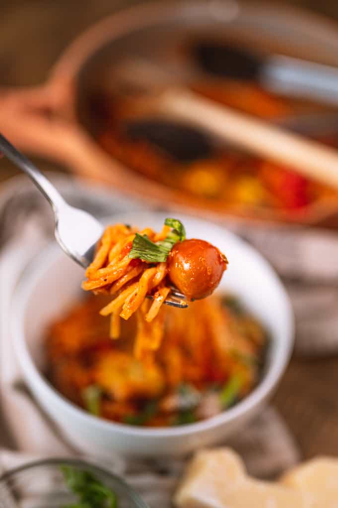Hearts of palm pasta twirled on a fork
