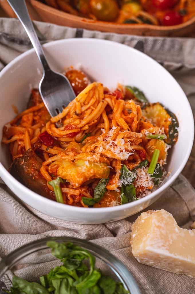 Hearts of palm pasta in a bowl with veggies