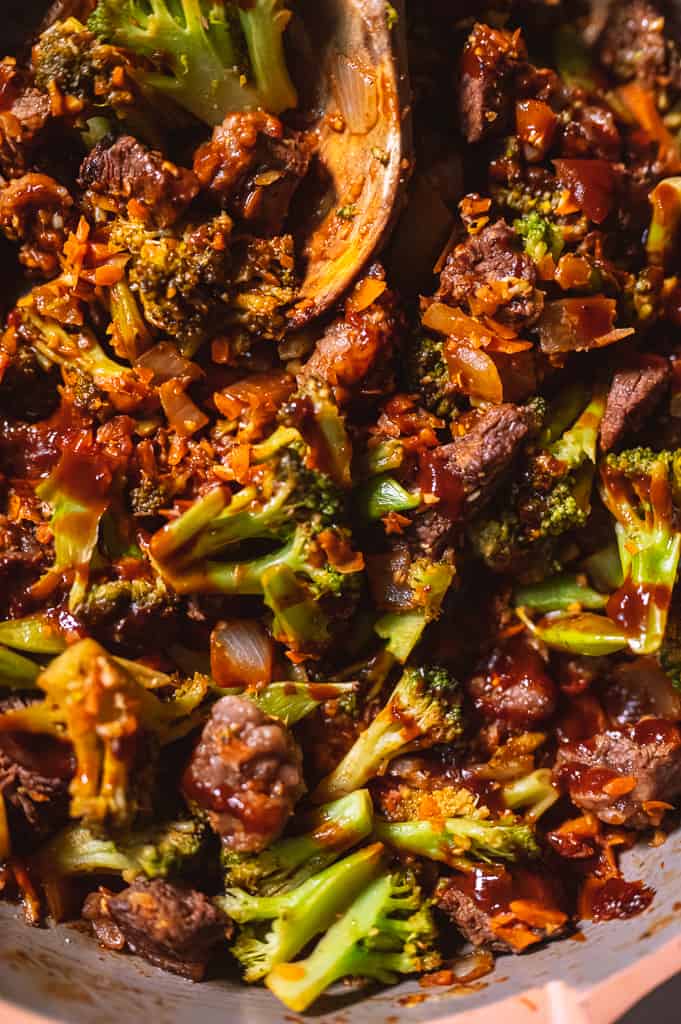 Low carb beef and broccoli close up