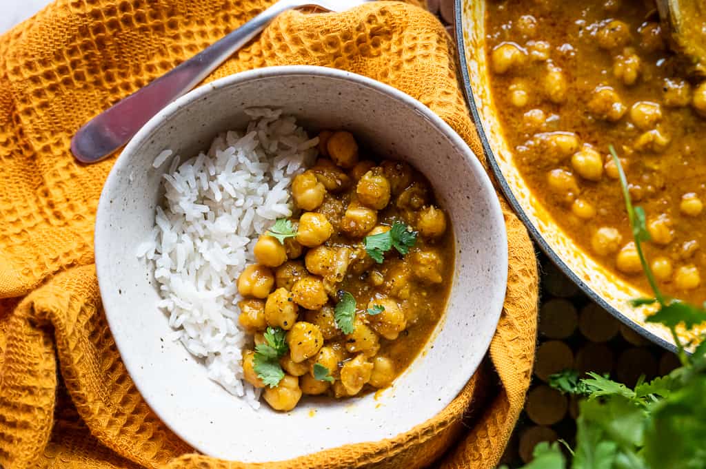 Vegan Chickpea Curry in a bowl with rice