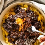short rib ragu with pasta on a fork