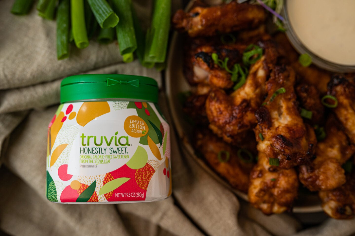 Truvia and miso wings displayed on a plate