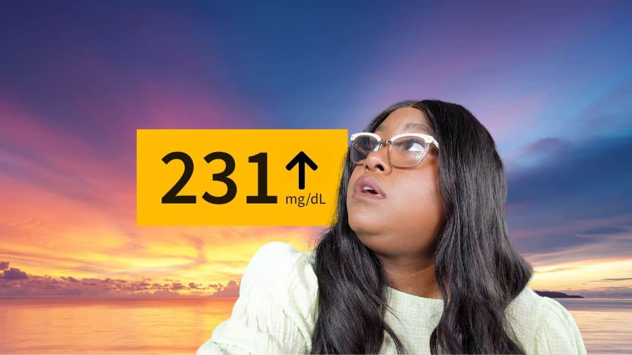 mila with a glucose number rise in front of a sunset