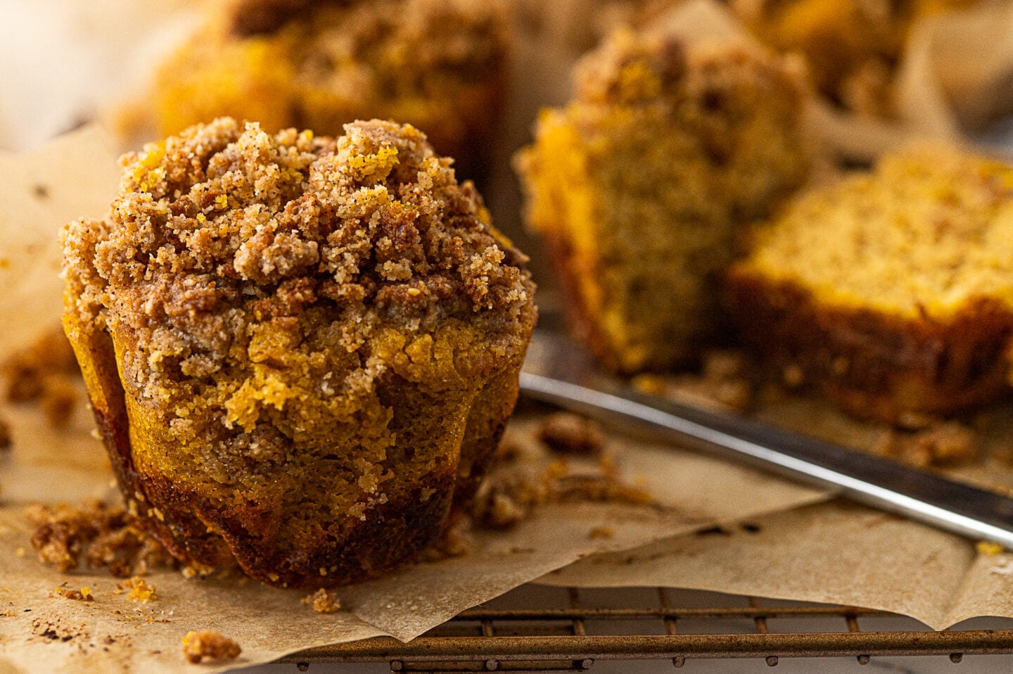 diabetes-friendly pumpkin muffins with crumble on top.