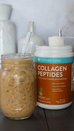 Further Foods Hazelnut Collagen Peptides and coffee drink in a mason jar