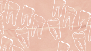 loose teeth hand drawn in white on a pink paper background.