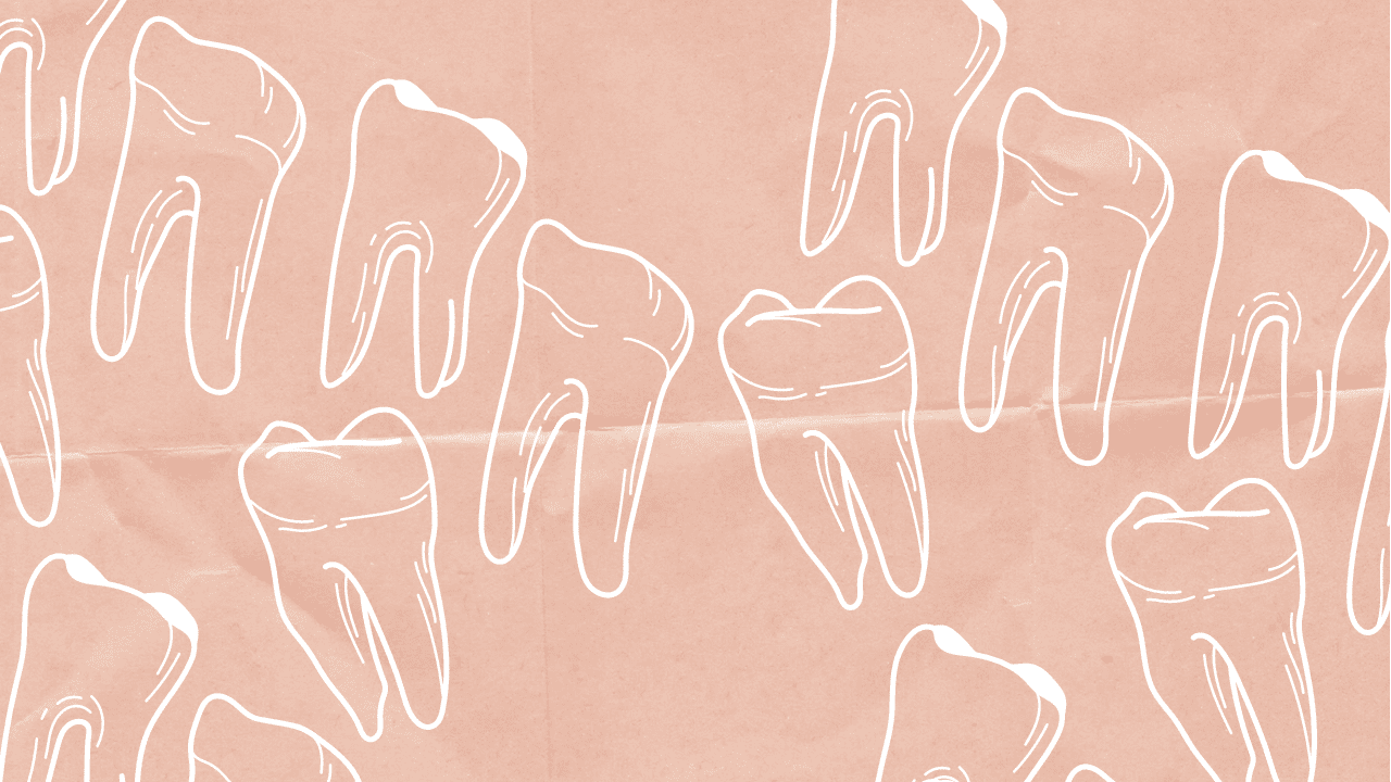 loose teeth hand drawn in white on a pink paper background.