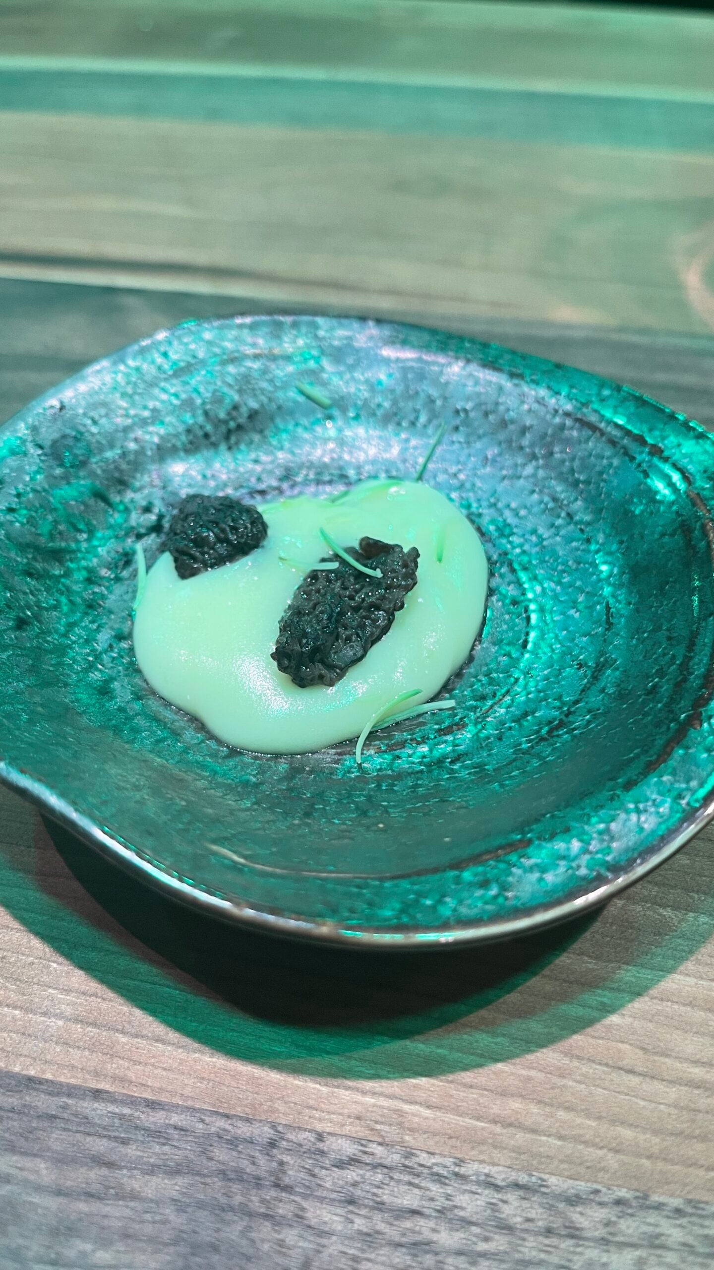 Morel Mushrooms with whipped cauliflower on a plate at Eculent.