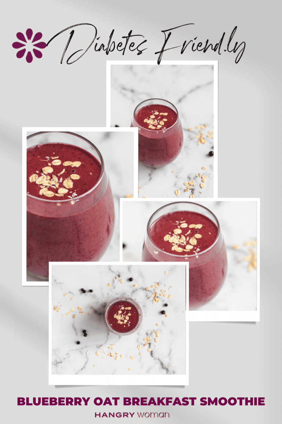 Blueberry Oat Breakfast Smoothie pinterest pin with four images of the smoothies.