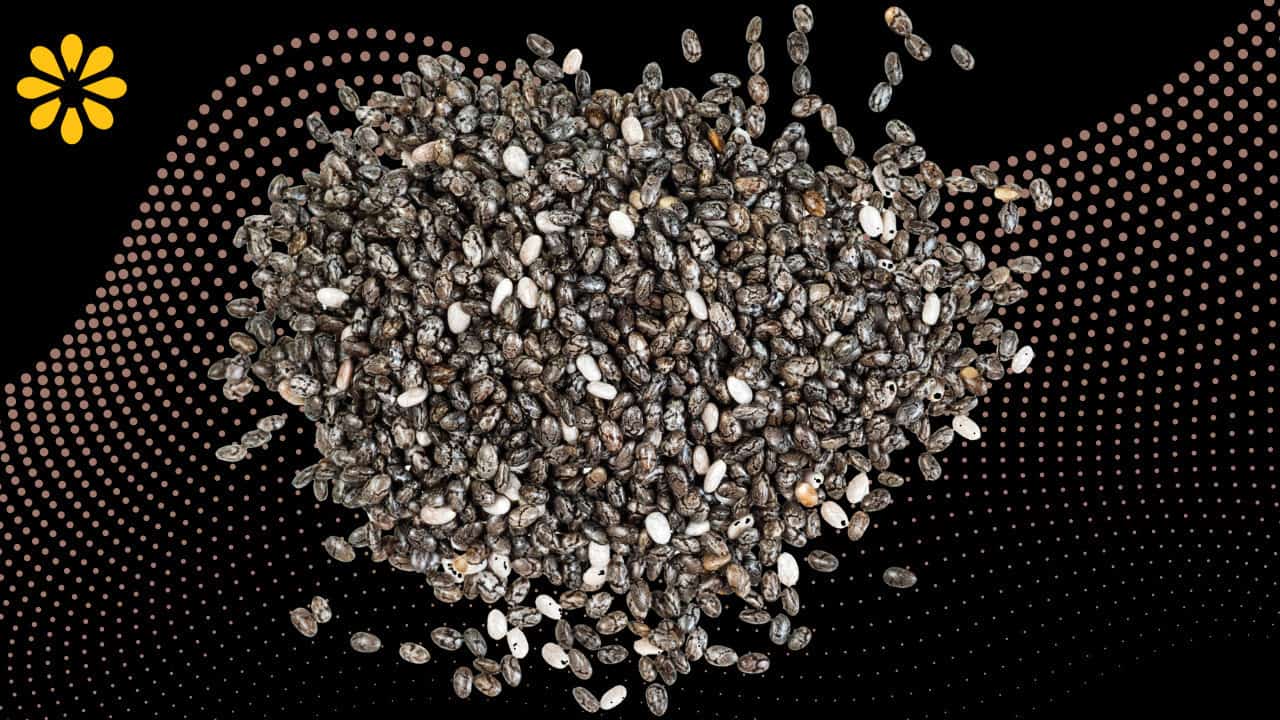 Chia seeds spread out in a close-up shot.