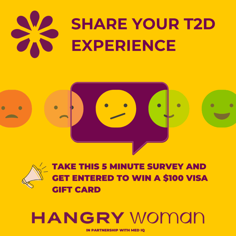 Yellow background graphic with the heading 'Share Your T2D Experience' in bold purple text at the top. Below, a series of faces with various expressions, from sad to happy, are shown in orange, yellow, and green. A purple speech bubble in the center contains a neutral face. Text below the bubble reads 'Take this 5-minute survey and get entered to win a $100 Visa gift card' with a small megaphone icon. At the bottom, 'HANGRY woman' is written in bold purple text, with 'in partnership with Med IQ' in smaller text underneath.