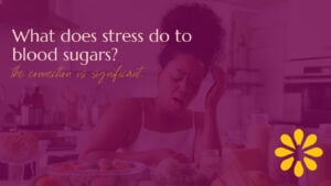 A woman sits in a kitchen, visibly stressed, holding her head with one hand. The table in front of her is filled with food items, including vegetables, grains, and jars. The overlay text reads: "What does stress do to blood sugars? The connection is significant!" The image is accented with a magenta tint and includes a yellow flower icon in the bottom right corner.