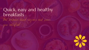 Image featuring a vibrant design with the text 'Quick, easy and healthy breakfasts that balance blood sugars and leave you satisfied' written in bold and elegant fonts. The background shows an assortment of breakfast dishes, including toast, eggs, and beverages, with a warm pink overlay. A yellow flower-like icon is positioned in the bottom-right corner, adding a bright, cheerful touch to the composition