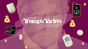 Donald trump surrounded by money bags and diabetes tech tools.