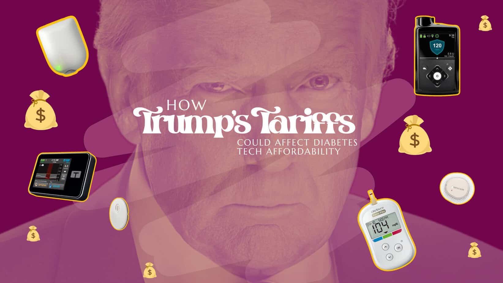 Donald trump surrounded by money bags and diabetes tech tools.