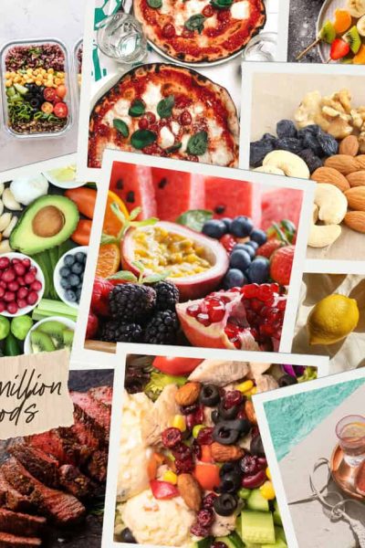 a collage of different foods in stacked polaroid fashion