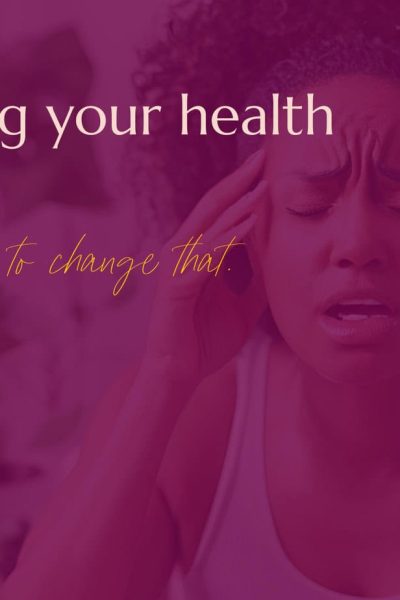 A stressed woman holding her head with a pained expression, accompanied by text that reads, "Not meeting your health goals? Here are some tips to change that." A bright yellow flower-like icon is in the corner, set against a pink background.